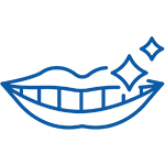 Blue line illustration of a smiling mouth with sparkle stars, representing dental care and bright teeth.