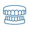Blue dental icon showing open mouth model with upper and lower teeth alignment diagram.