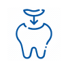 Blue line icon of a tooth with dental mirror above it, representing dental care and examination.